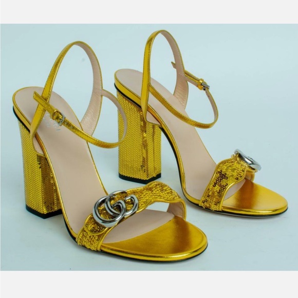 Gucci Gold Yellow Marmont Black Sequin High Heeled Sandals - 38.5 - Picture 1 of 12